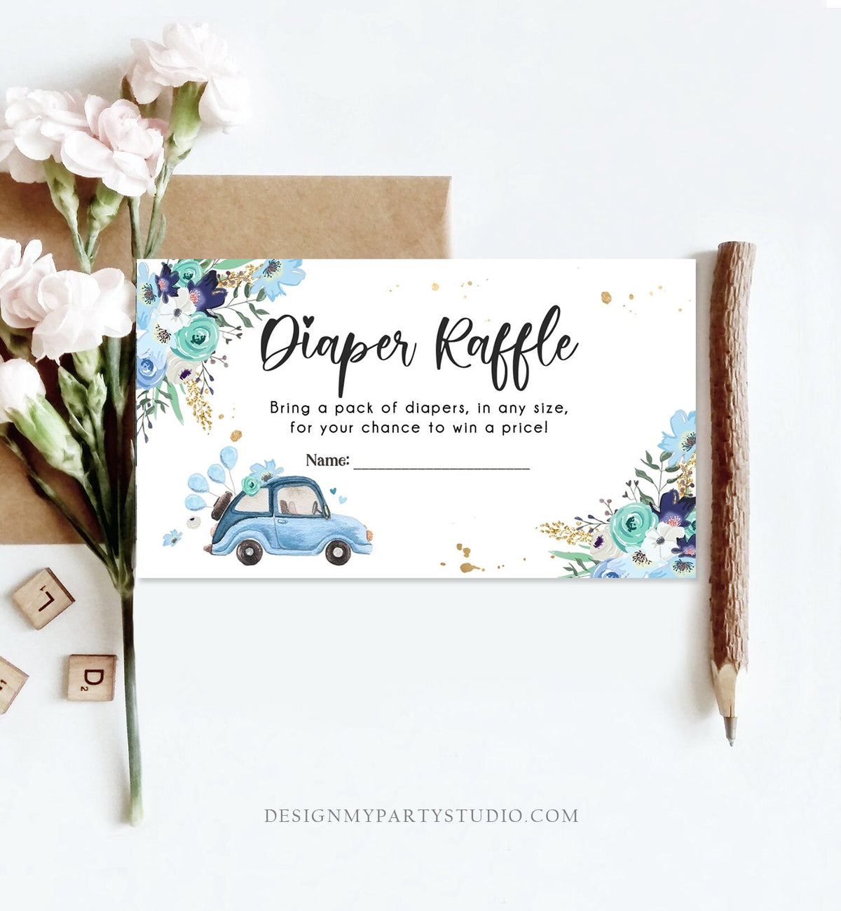 Editable Drive By Diaper Raffle Ticket Baby Shower Navy Blue Floral Boy Drive Through Diaper Game Insert Ticket Digital Corjl Template 0335