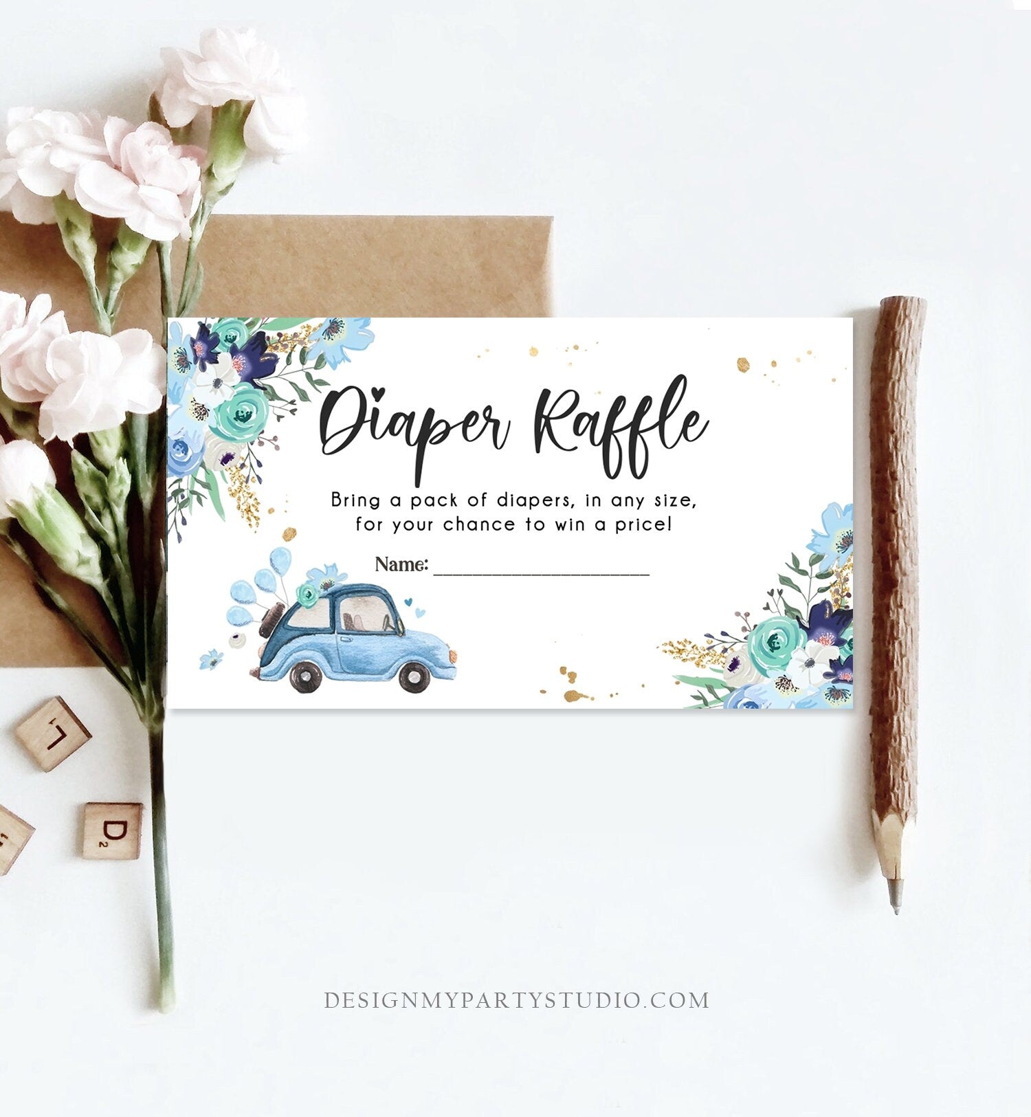 Editable Drive By Diaper Raffle Ticket Baby Shower Navy Blue Floral Boy Drive Through Diaper Game Insert Ticket Digital Corjl Template 0335