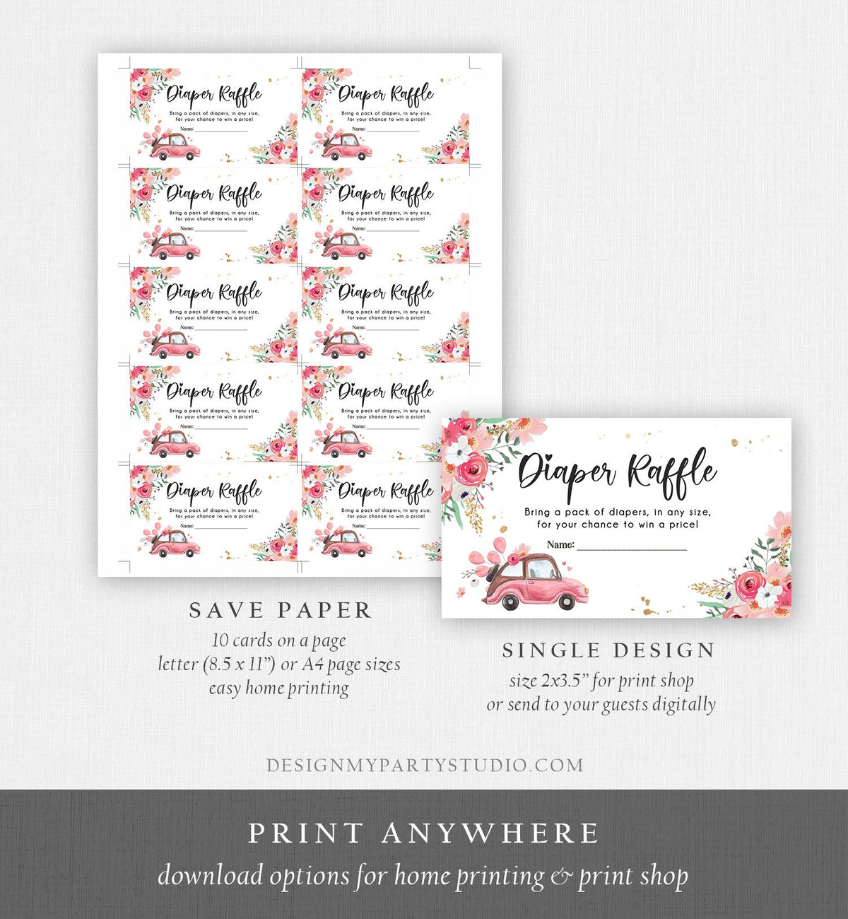 Editable Drive By Diaper Raffle Ticket Baby Shower Pink Floral Girl Drive Through Diaper Game Book Insert Ticket Digital Corjl Template 0335