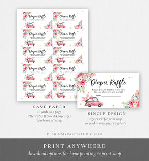 Editable Drive By Diaper Raffle Ticket Baby Shower Pink Floral Girl Drive Through Diaper Game Book Insert Ticket Digital Corjl Template 0335