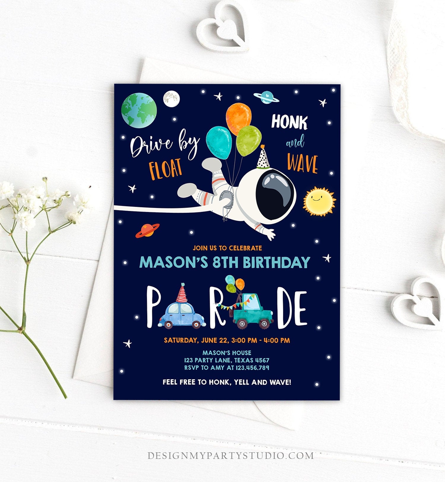 Editable Outer Space Drive By Birthday Invitation Space Astronaut Driv - Design My Party Studio editable-outer-space-drive-by-birthday-invitation-space-astronaut-driv-design-my-party-studio