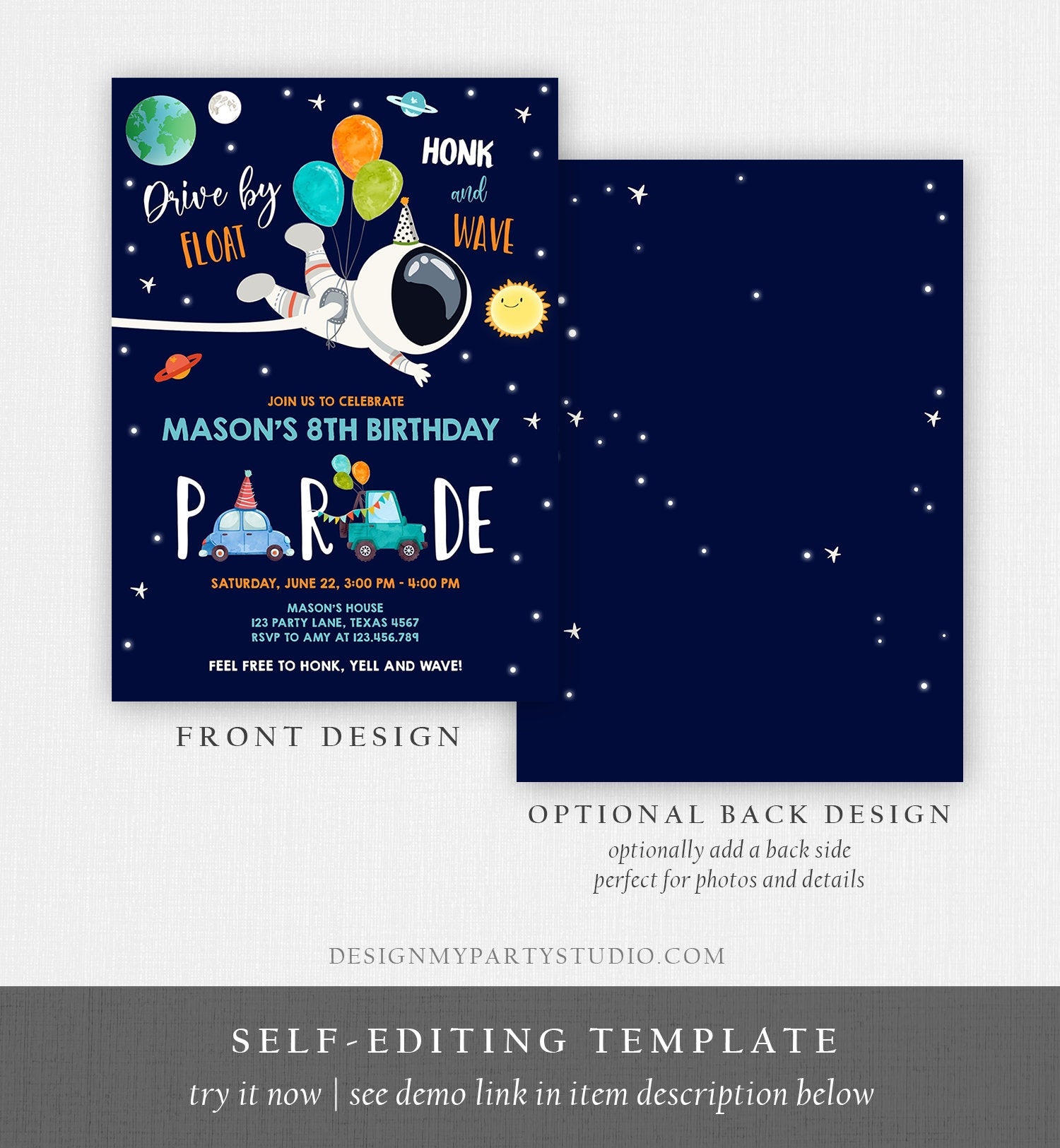 Editable Outer Space Drive By Birthday Invitation Space Astronaut Drive Through Quarantine Stars Floating By Template Corjl Printable 0259