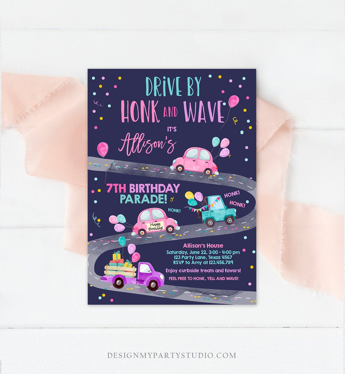 Editable Drive By Birthday Parade Invitation Virtual Party Invite Honk Wave Car Girl Pink Quarantine Instant Download Digital Corjl 0333