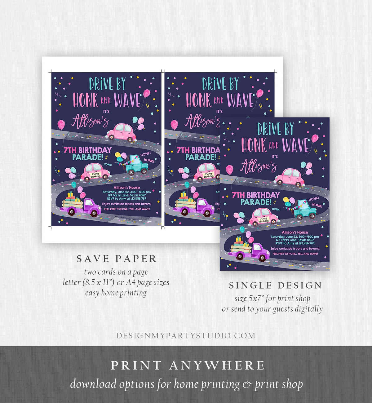 Editable Drive By Birthday Parade Invitation Virtual Party Invite Honk Wave Car Girl Pink Quarantine Instant Download Digital Corjl 0333