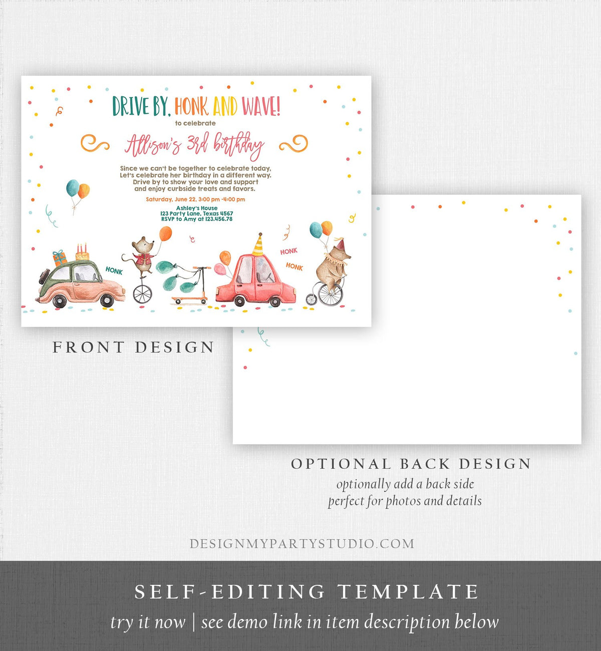 Editable Drive By Birthday Parade Invitation Circus Virtual Party Invite Honk Wave Boy Girl Quarantine Instant Download Digital Corjl 0344