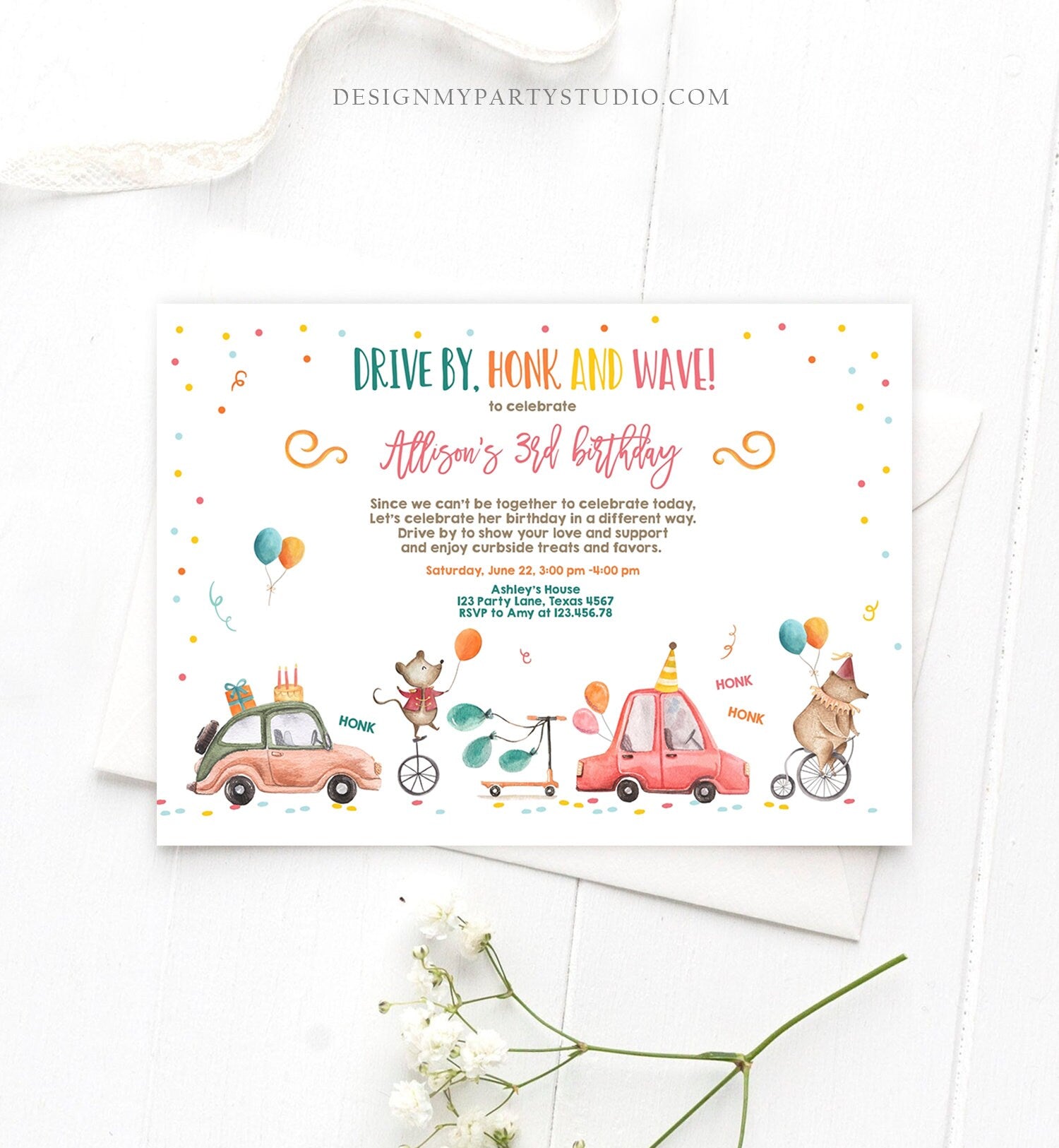 Editable Drive By Birthday Parade Invitation Circus Virtual Party Invite Honk Wave Boy Girl Quarantine Instant Download Digital Corjl 0344