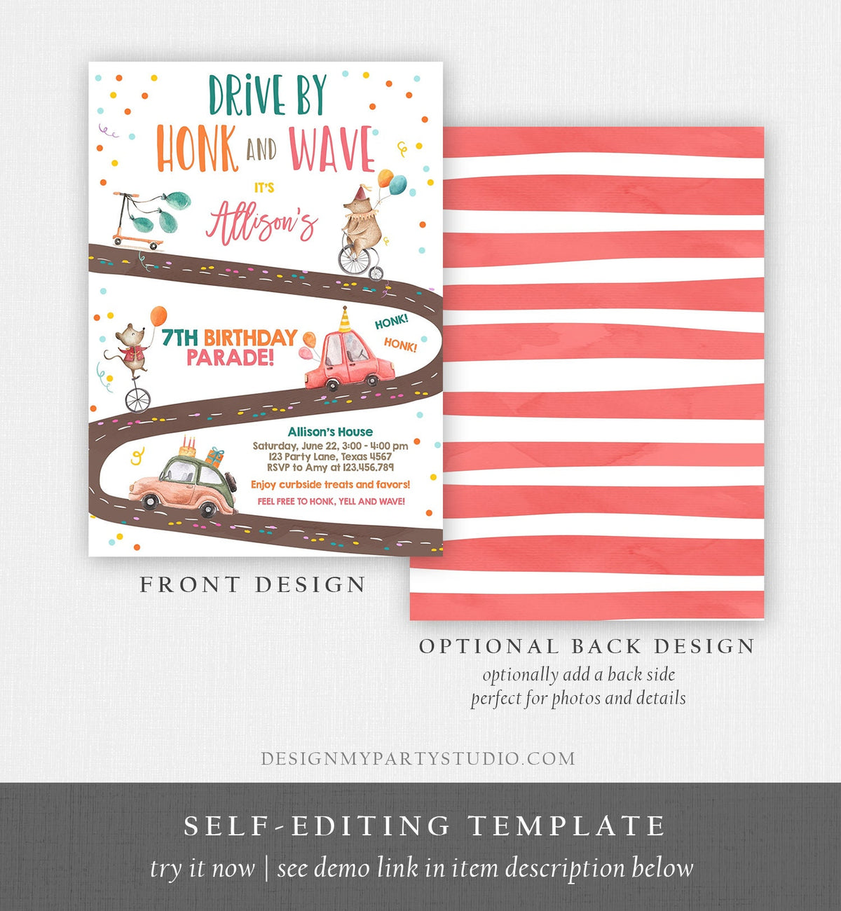 Editable Drive By Birthday Parade Invitation Circus Virtual Party Invite Honk Wave Boy Girl Quarantine Instant Download Digital Corjl 0344