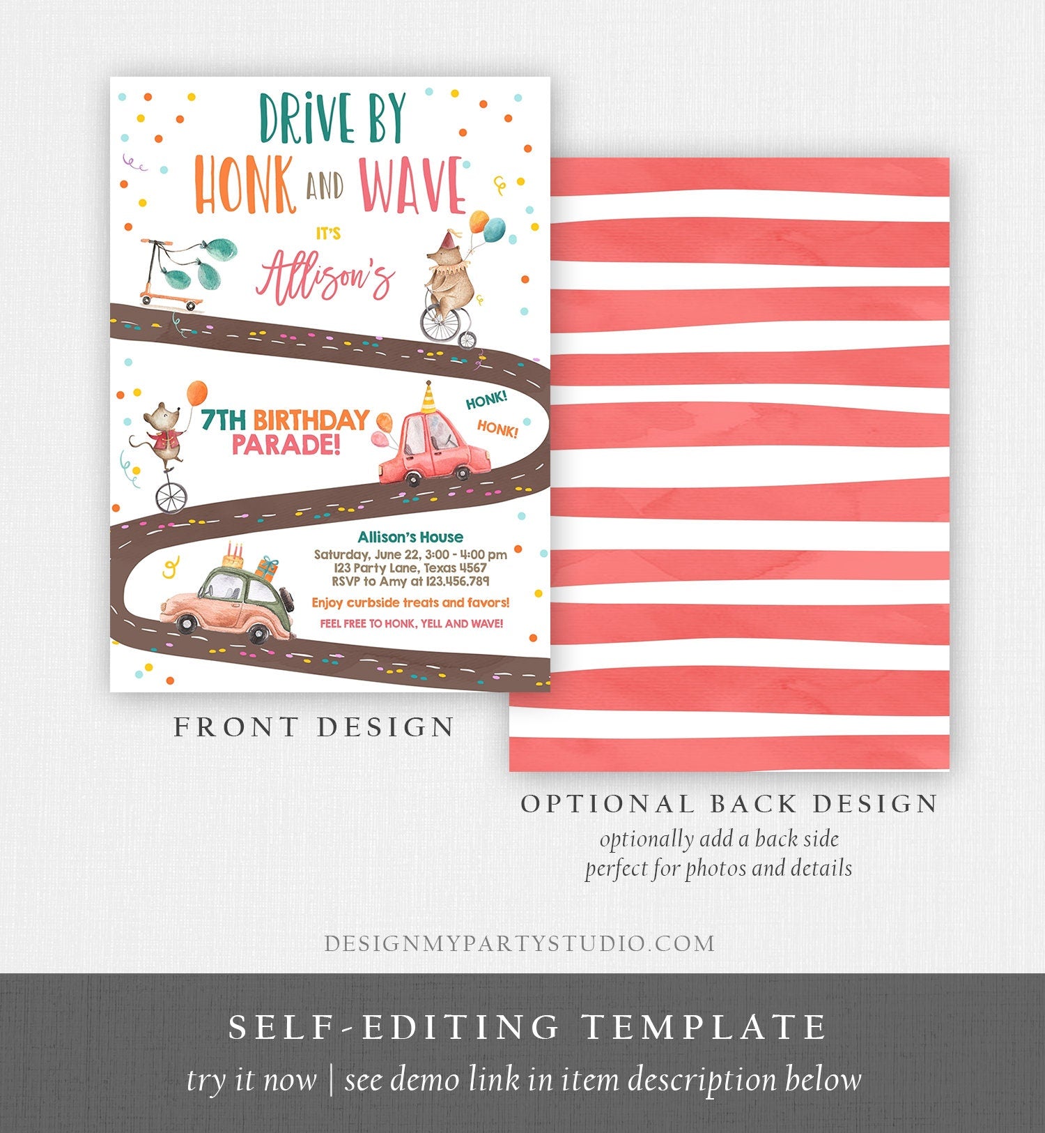 Editable Drive By Birthday Parade Invitation Circus Virtual Party Invite Honk Wave Boy Girl Quarantine Instant Download Digital Corjl 0344