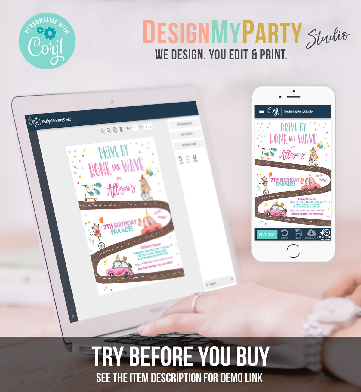 Editable Drive By Birthday Parade Invitation Circus Virtual Party Invite Honk Wave Girl Pink Quarantine Instant Download Digital Corjl 0344