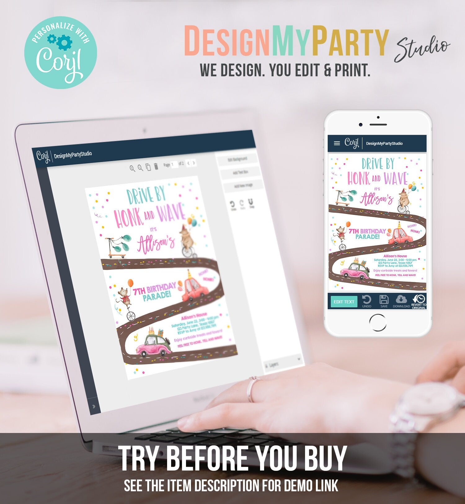 Editable Drive By Birthday Parade Invitation Circus Virtual Party Invite Honk Wave Girl Pink Quarantine Instant Download Digital Corjl 0344