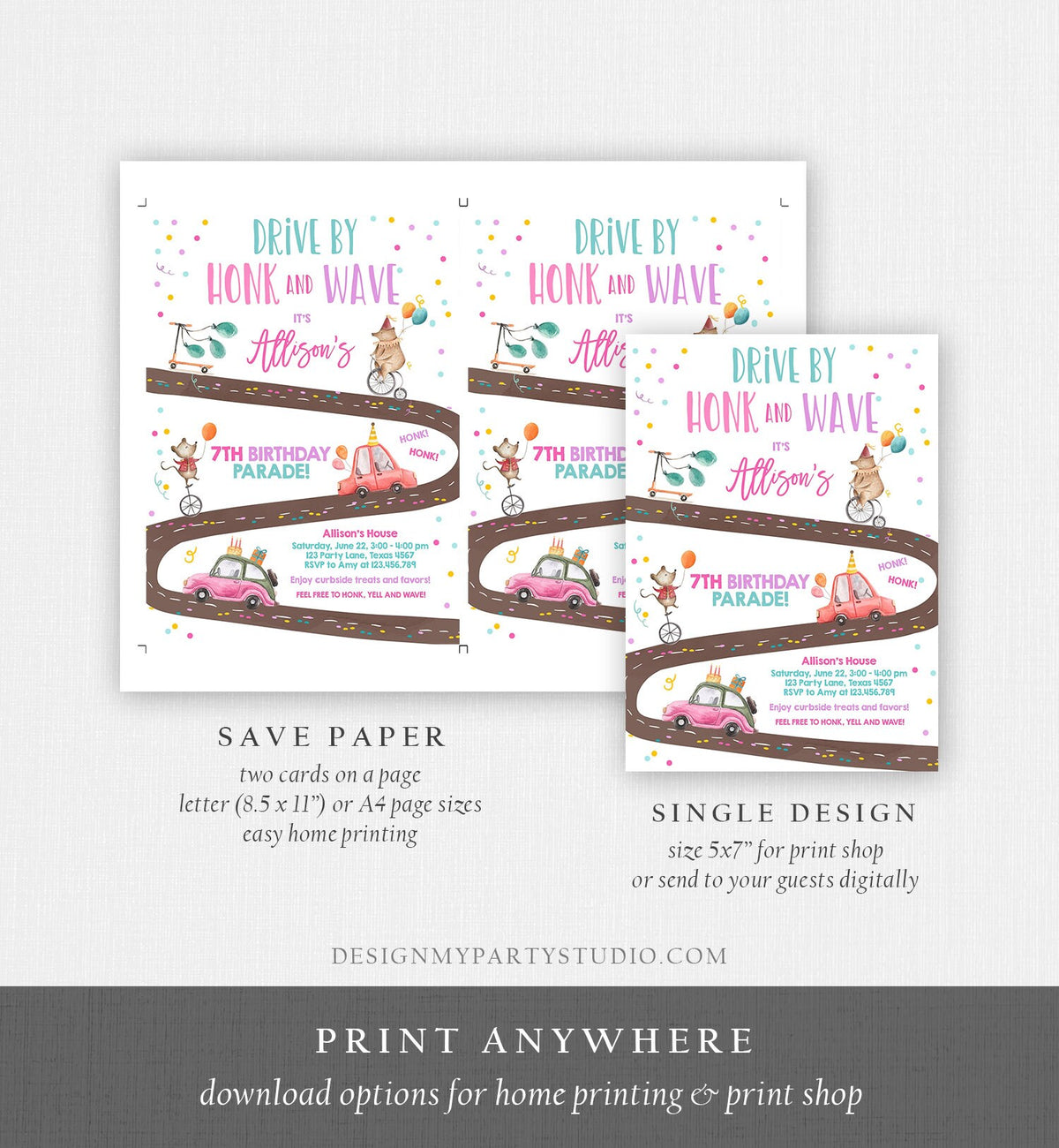 Editable Drive By Birthday Parade Invitation Circus Virtual Party Invite Honk Wave Girl Pink Quarantine Instant Download Digital Corjl 0344