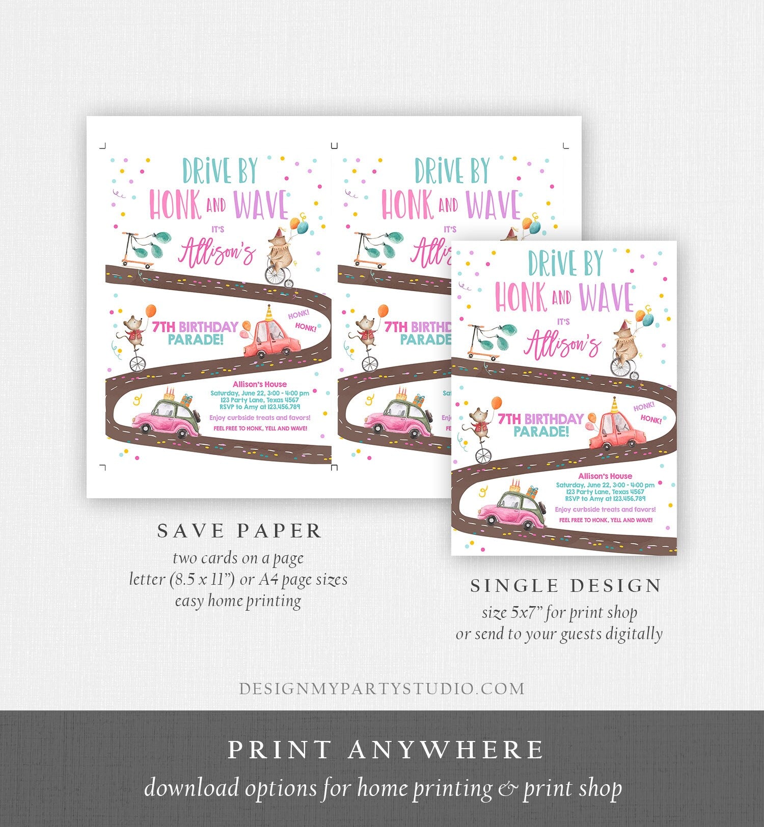 Editable Drive By Birthday Parade Invitation Circus Virtual Party Invite Honk Wave Girl Pink Quarantine Instant Download Digital Corjl 0344