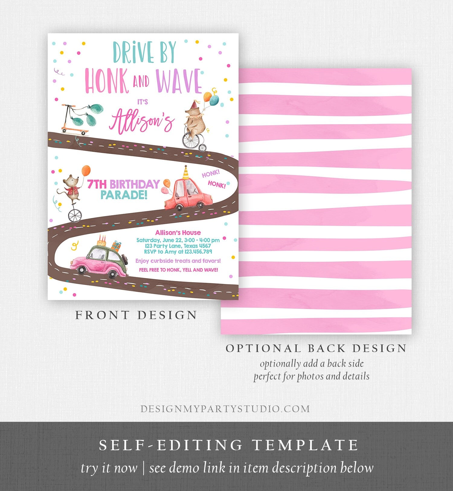 Editable Drive By Birthday Parade Invitation Circus Virtual Party Invite Honk Wave Girl Pink Quarantine Instant Download Digital Corjl 0344