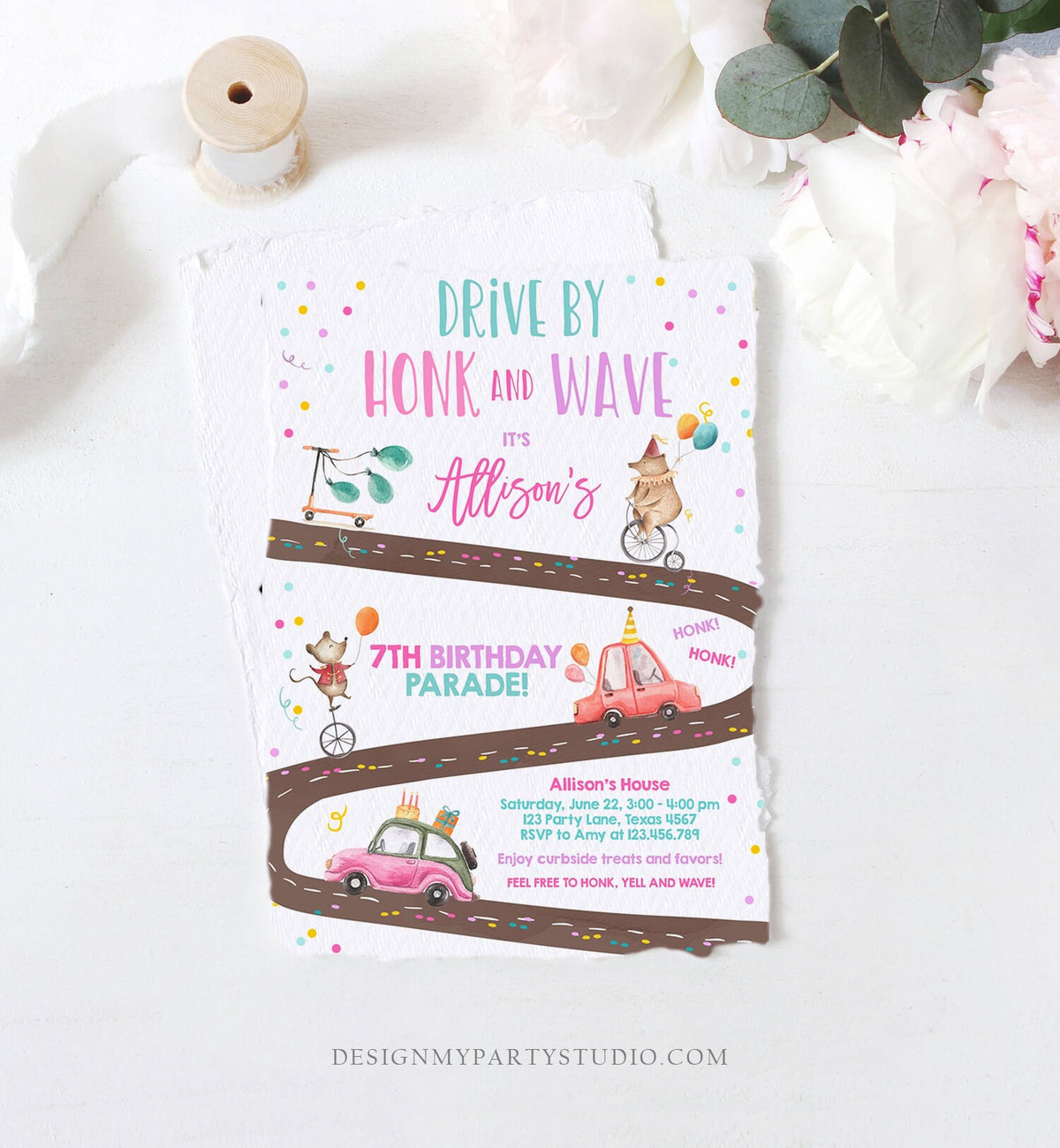 Editable Drive By Birthday Parade Invitation Circus Virtual Party Invite Honk Wave Girl Pink Quarantine Instant Download Digital Corjl 0344