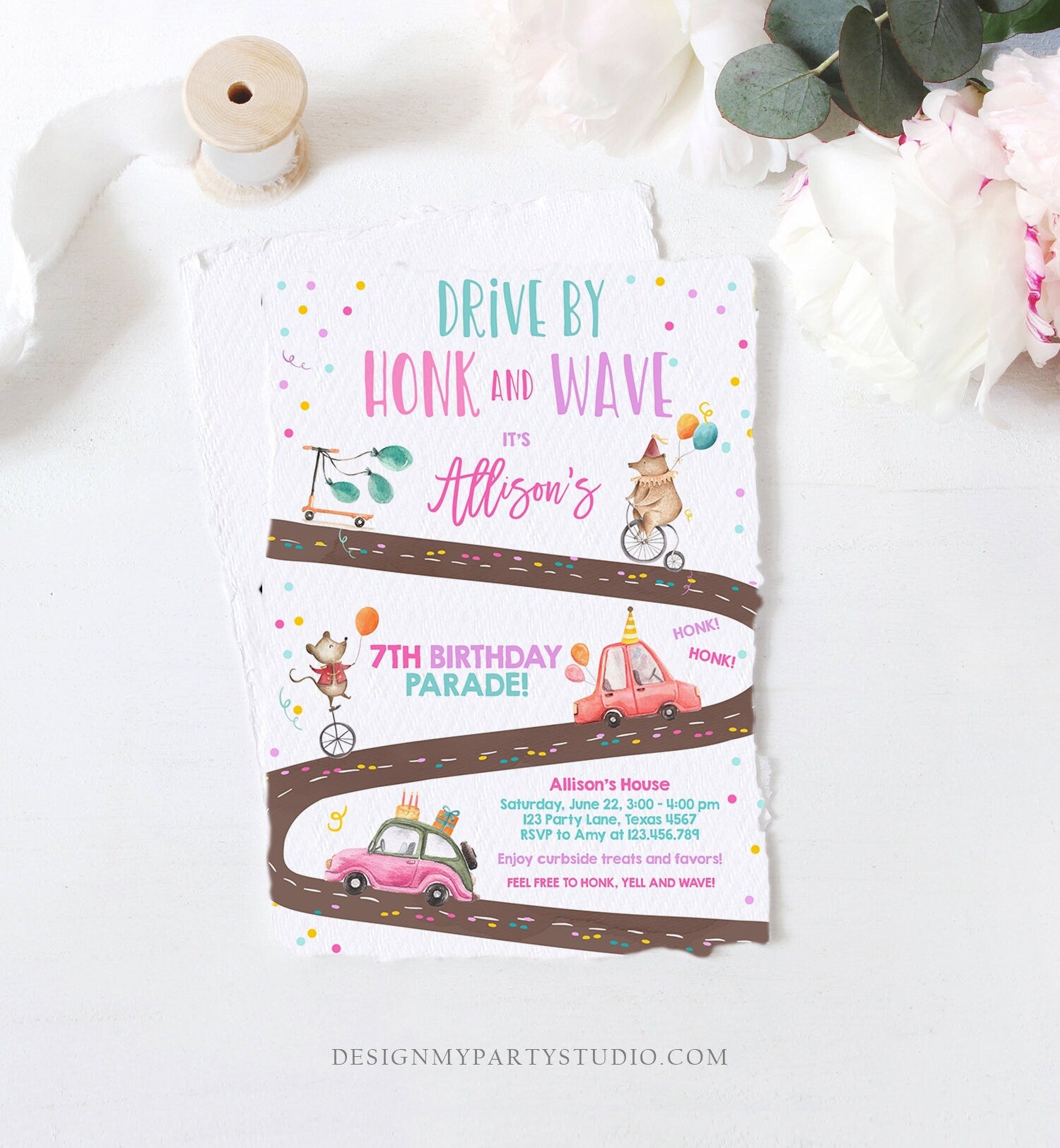 Editable Drive By Birthday Parade Invitation Circus Virtual Party Invite Honk Wave Girl Pink Quarantine Instant Download Digital Corjl 0344