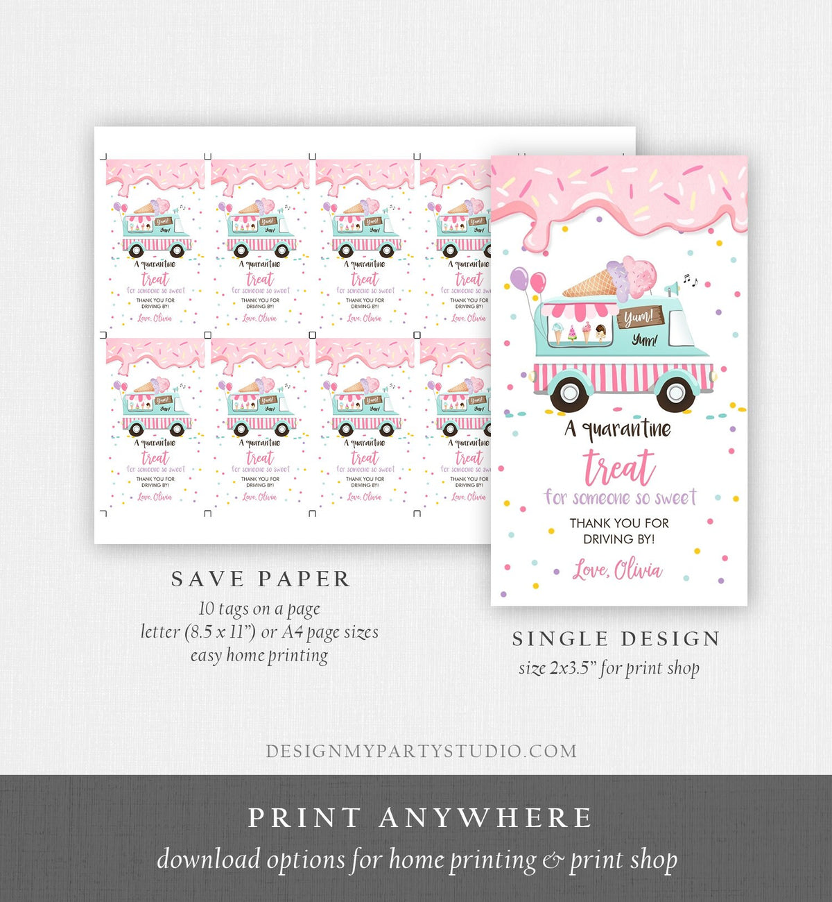 Editable Drive By Favor Tag Drive Through Ice Cream Truck Birthday Thank You Gift Tags Quarantine Ice Cream Parade Pink Girl Corjl 0243