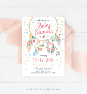 Editable Dreamcatcher Baby Shower Invitation Dream Catcher Feathers Tribal Boho Girl Pink Neutral Download Corjl Template Printable 0062