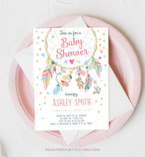 Editable Dreamcatcher Baby Shower Invitation Dream Catcher Feathers Tribal Boho Girl Pink Neutral Download Corjl Template Printable 0062