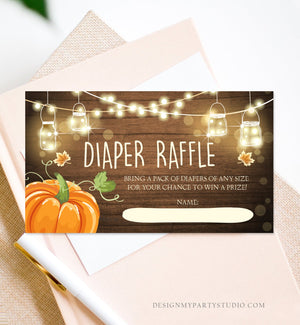 Editable Little Pumpkin Diaper Raffle Ticket Baby Shower Insert Card Gender Neutral Wood Lights Autumn Rustic Corjl Template Printable 0015