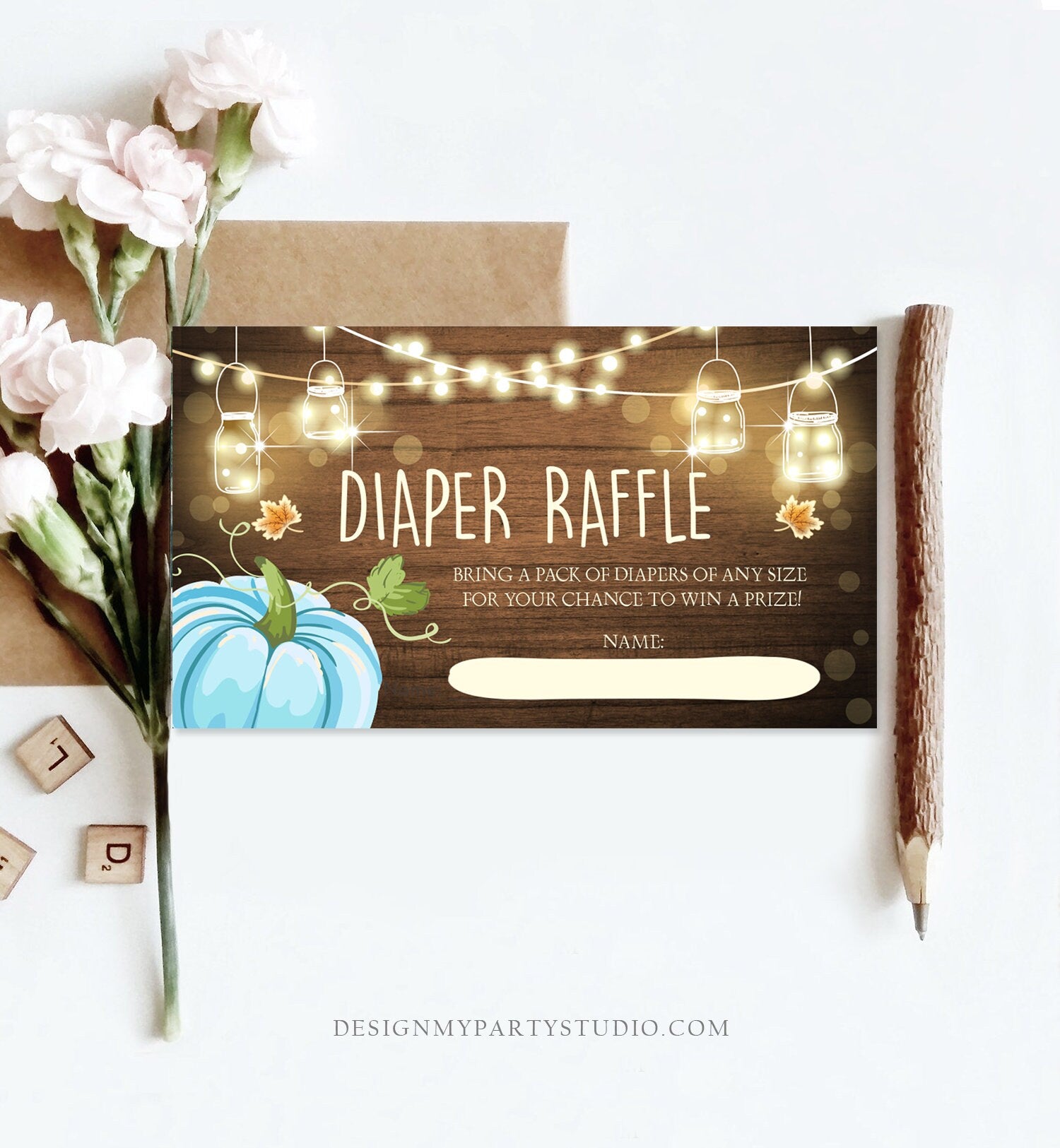Editable Little Pumpkin Diaper Raffle Ticket Baby Shower Insert Card Boy Blue Wood Lights Autumn Rustic Corjl Template Printable 0015