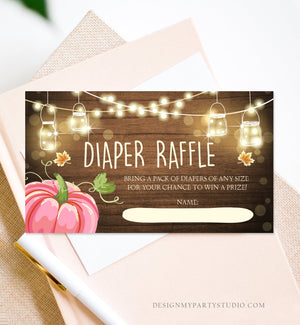 Editable Little Pumpkin Diaper Raffle Ticket Baby Shower Insert Card Girl Pink Wood Lights Autumn Rustic Corjl Template Printable 0015