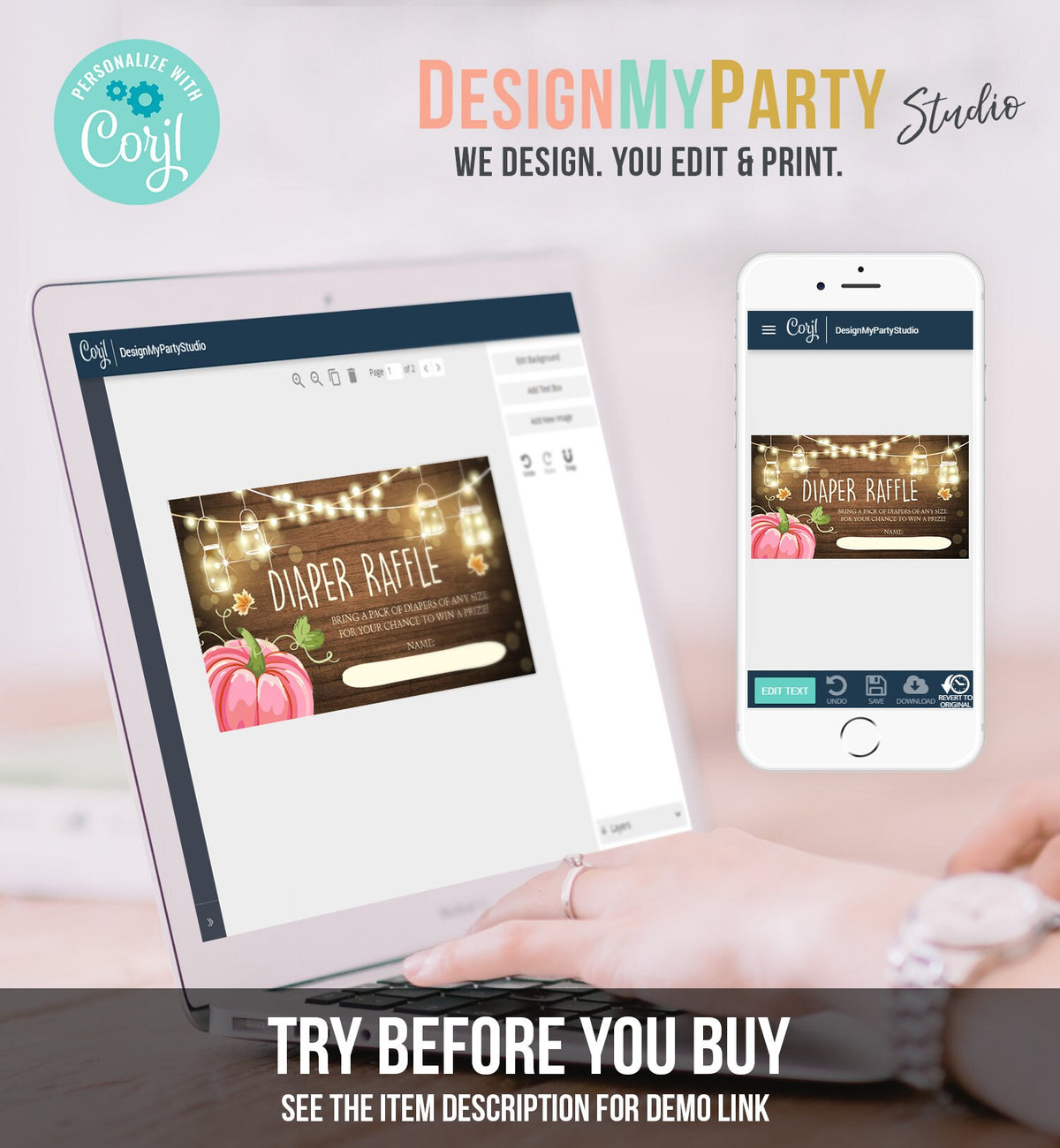 Editable Little Pumpkin Diaper Raffle Ticket Baby Shower Insert Card Girl Pink Wood Lights Autumn Rustic Corjl Template Printable 0015