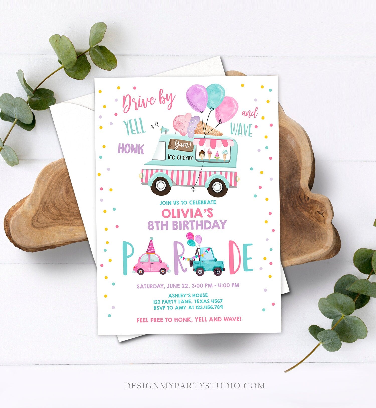 Editable Ice Cream Truck Drive By Birthday Parade Invitation Virtual Party Invite Honk Wave Car Girl Quarantine Download Digital Corjl 0243