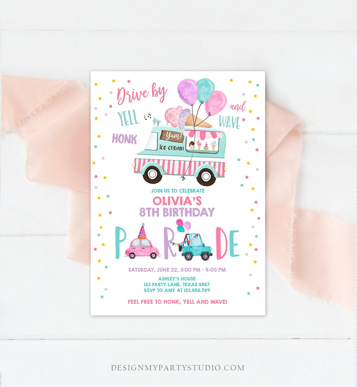 Editable Ice Cream Truck Drive By Birthday Parade Invitation Virtual Party Invite Honk Wave Car Girl Quarantine Download Digital Corjl 0243