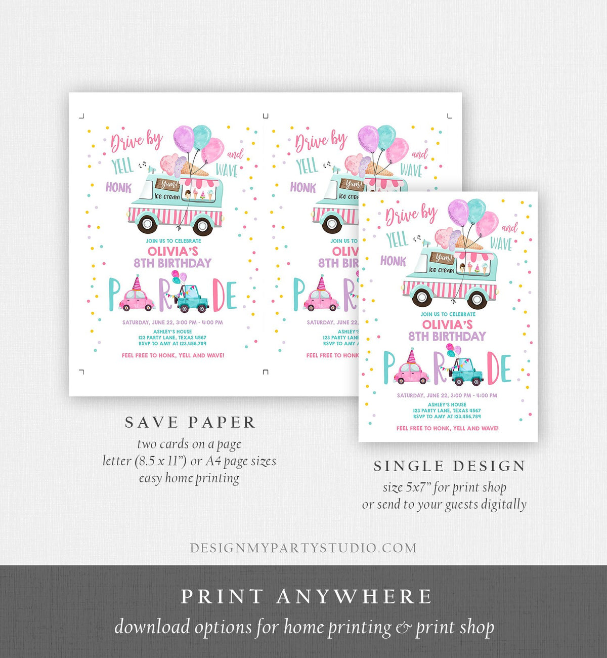 Editable Ice Cream Truck Drive By Birthday Parade Invitation Virtual Party Invite Honk Wave Car Girl Quarantine Download Digital Corjl 0243