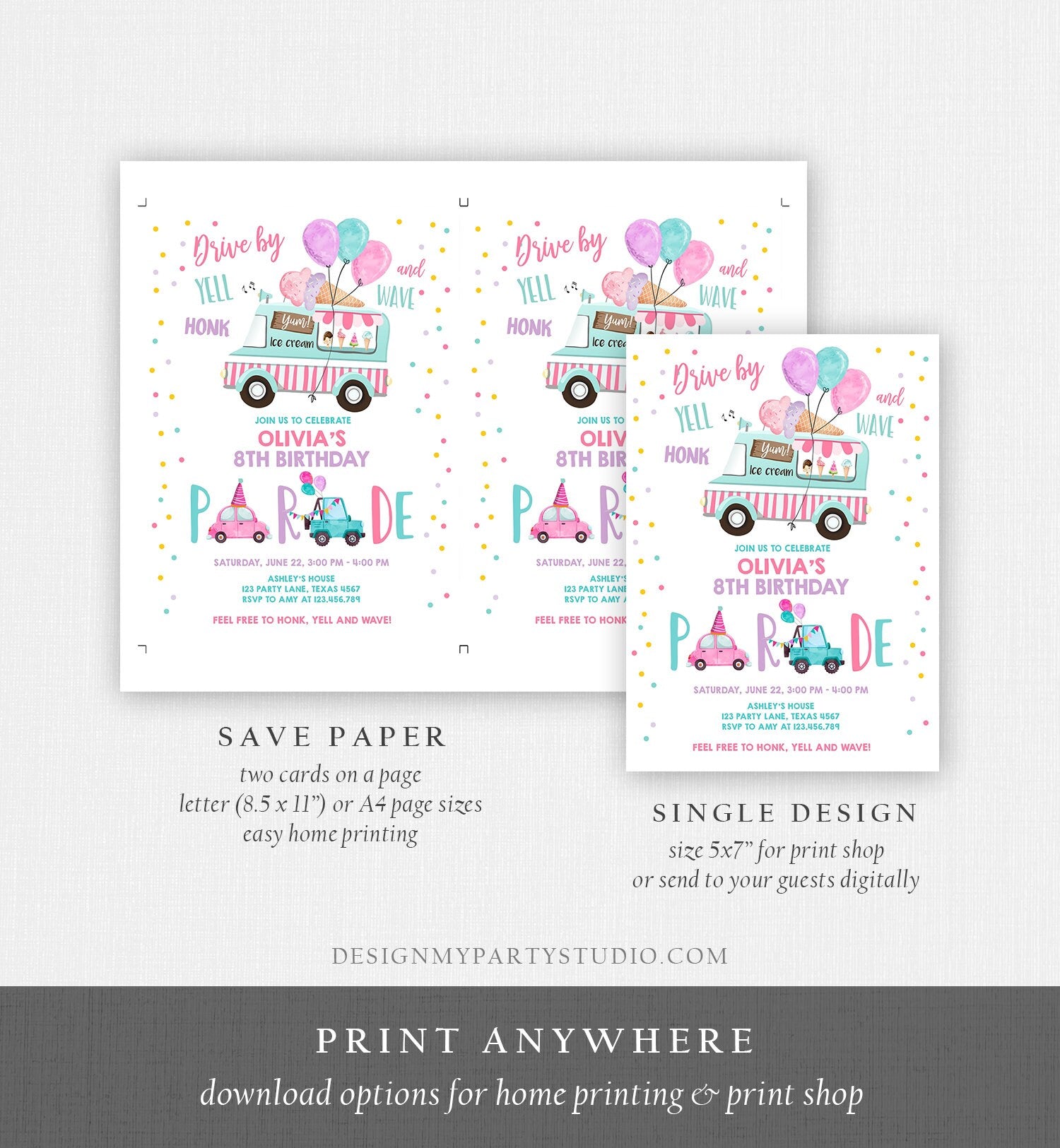 Editable Ice Cream Truck Drive By Birthday Parade Invitation Virtual Party Invite Honk Wave Car Girl Quarantine Download Digital Corjl 0243