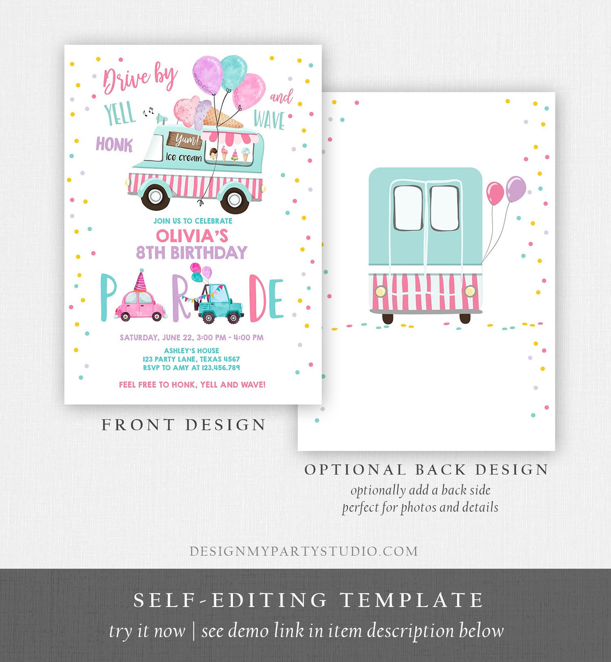 Editable Ice Cream Truck Drive By Birthday Parade Invitation Virtual Party Invite Honk Wave Car Girl Quarantine Download Digital Corjl 0243