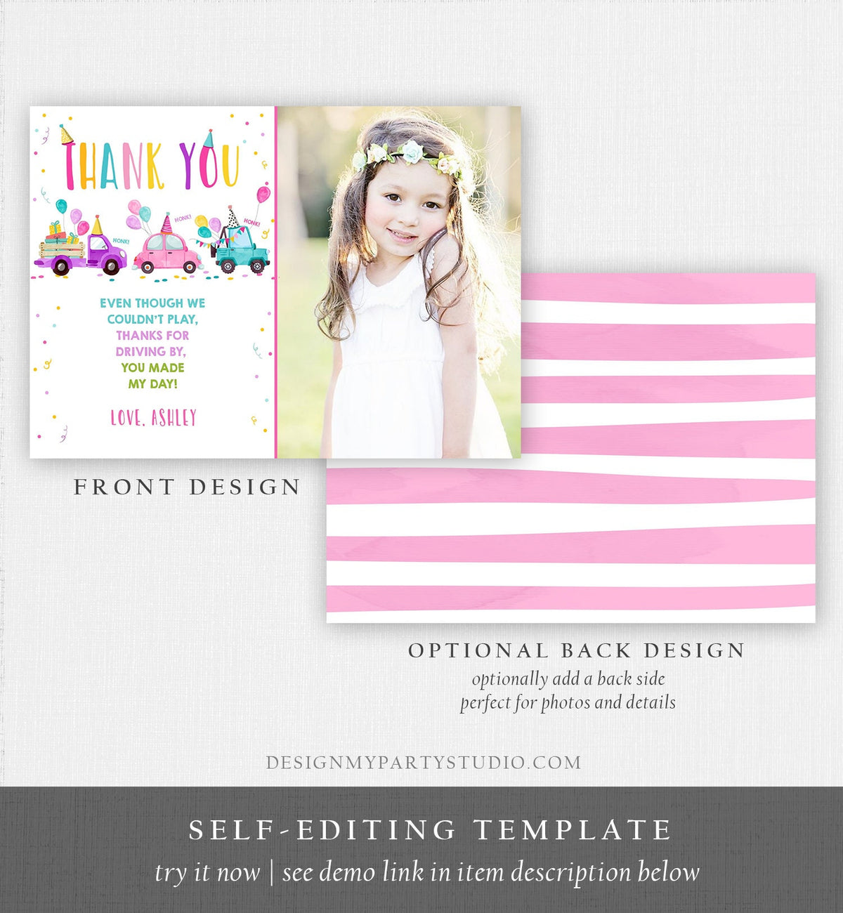 Editable Drive By Birthday Parade Thank You Card Virtual Party Invite Honk Wave Car Girl Pink Quarantine Instant Download Digital Corjl 0333