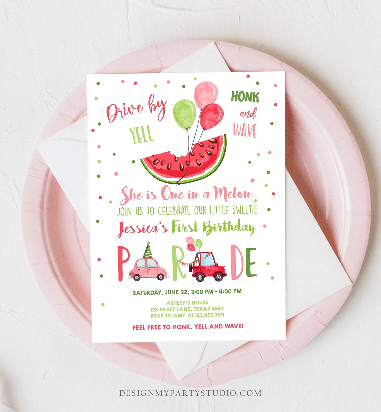 Editable One in a Melon Drive By First Birthday Parade Invitation Virtual Party Invite Honk Wave Girl Quarantine Download Digital Corjl 0120