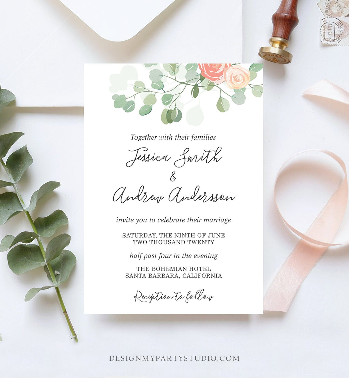 Editable Brunch and Bubbly Bridal Shower Invitation Eucalyptus Greenery Wedding Boho Invite Download Printable Template Digital Corjl 0029