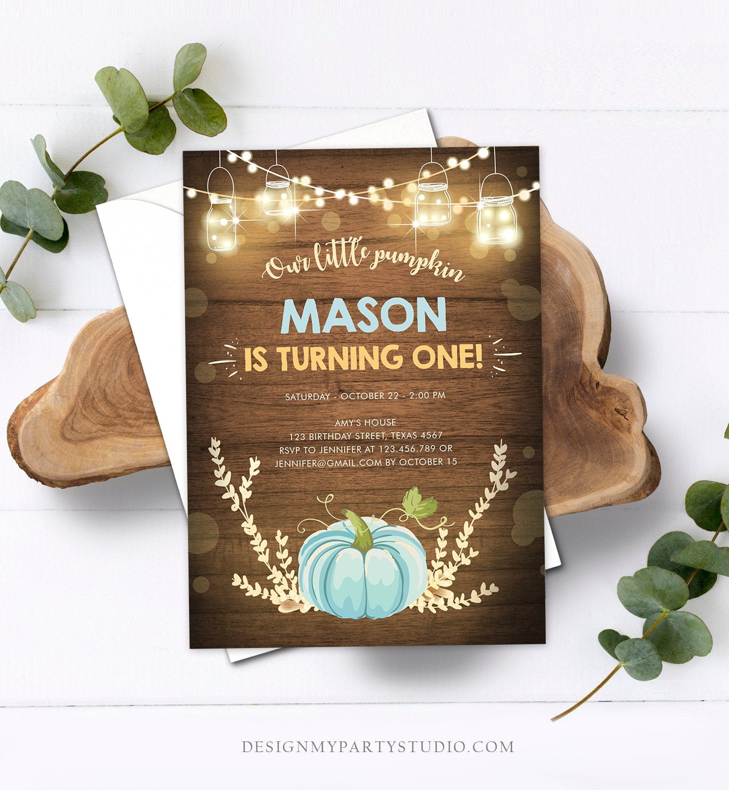 Editable Little Pumpkin Birthday Invitation Blue Pumpkin Patch Autumn Fall Rustic Boy 1st First Birthday Corjl Invitation Printable 0015
