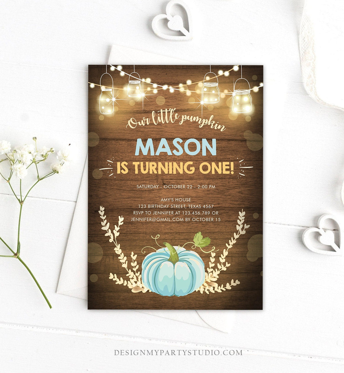 Editable Little Pumpkin Birthday Invitation Blue Pumpkin Patch Autumn Fall Rustic Boy 1st First Birthday Corjl Invitation Printable 0015