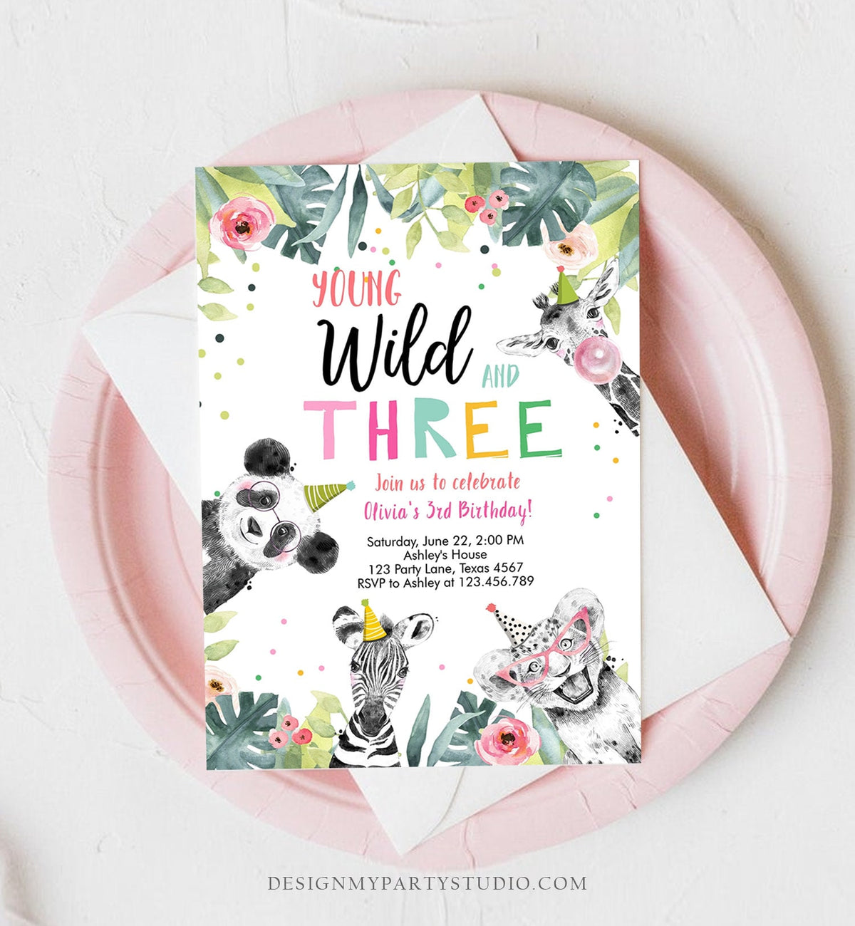 Editable Young Wild and Three Invitation Girl Pink and Gold Safari Animals Zoo Panda Instant Download Printable Template Digital Corjl 0322