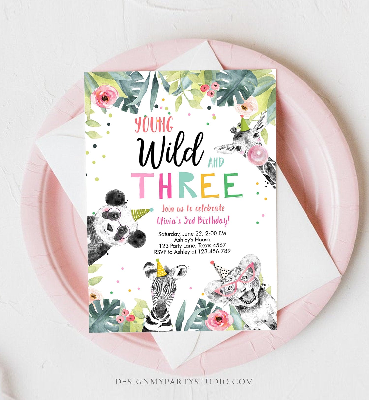 Editable Young Wild and Three Invitation Girl Pink and Gold Safari Animals Zoo Panda Instant Download Printable Template Digital Corjl 0322