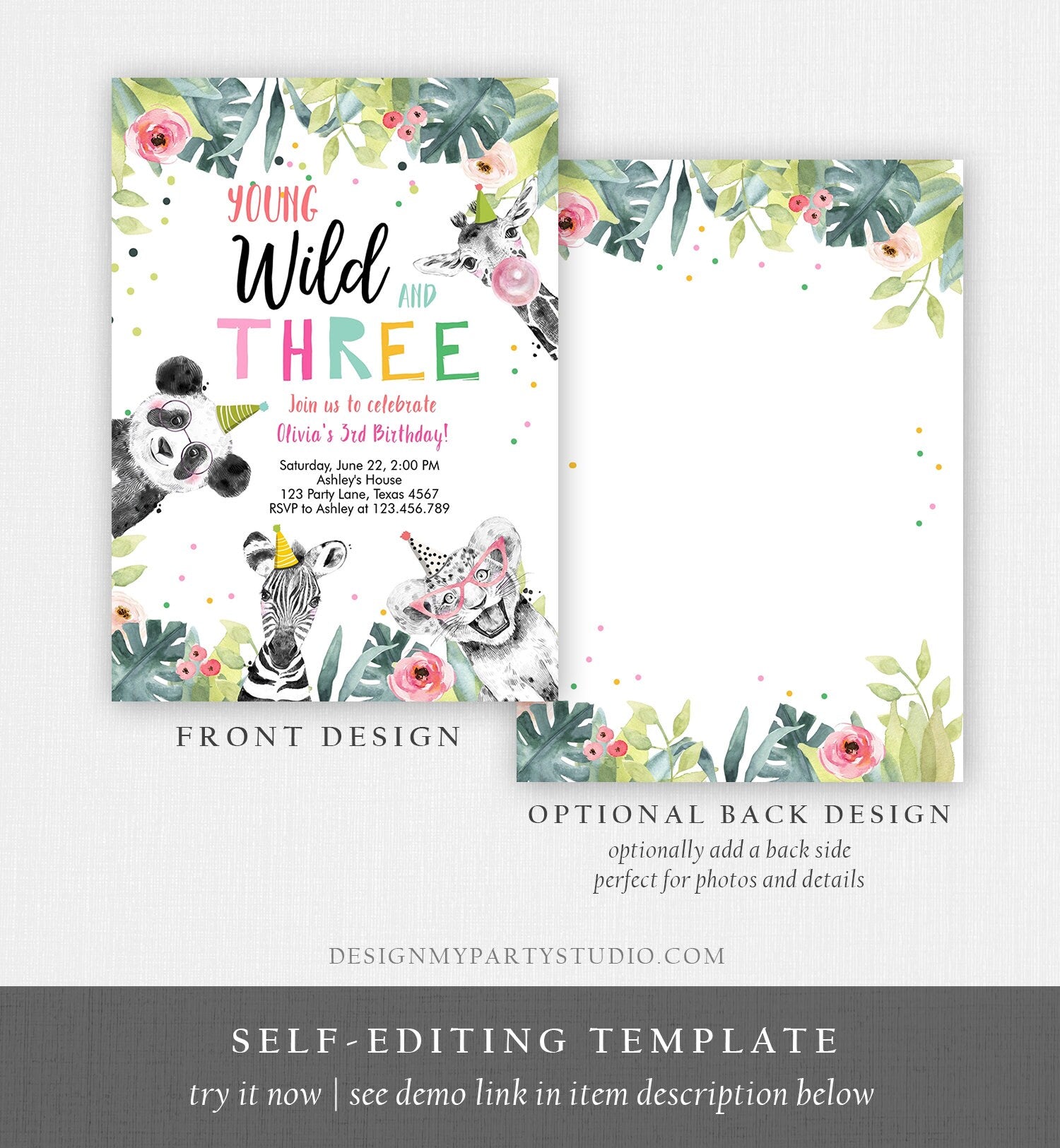 Editable Young Wild and Three Invitation Girl Pink and Gold Safari Animals Zoo Panda Instant Download Printable Template Digital Corjl 0322