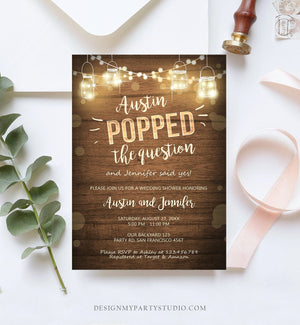 Editable Popped the Question Engagement Party Invitation Couples Shower Rustic Wood Lights Jars Download Corjl Template Printable 0015