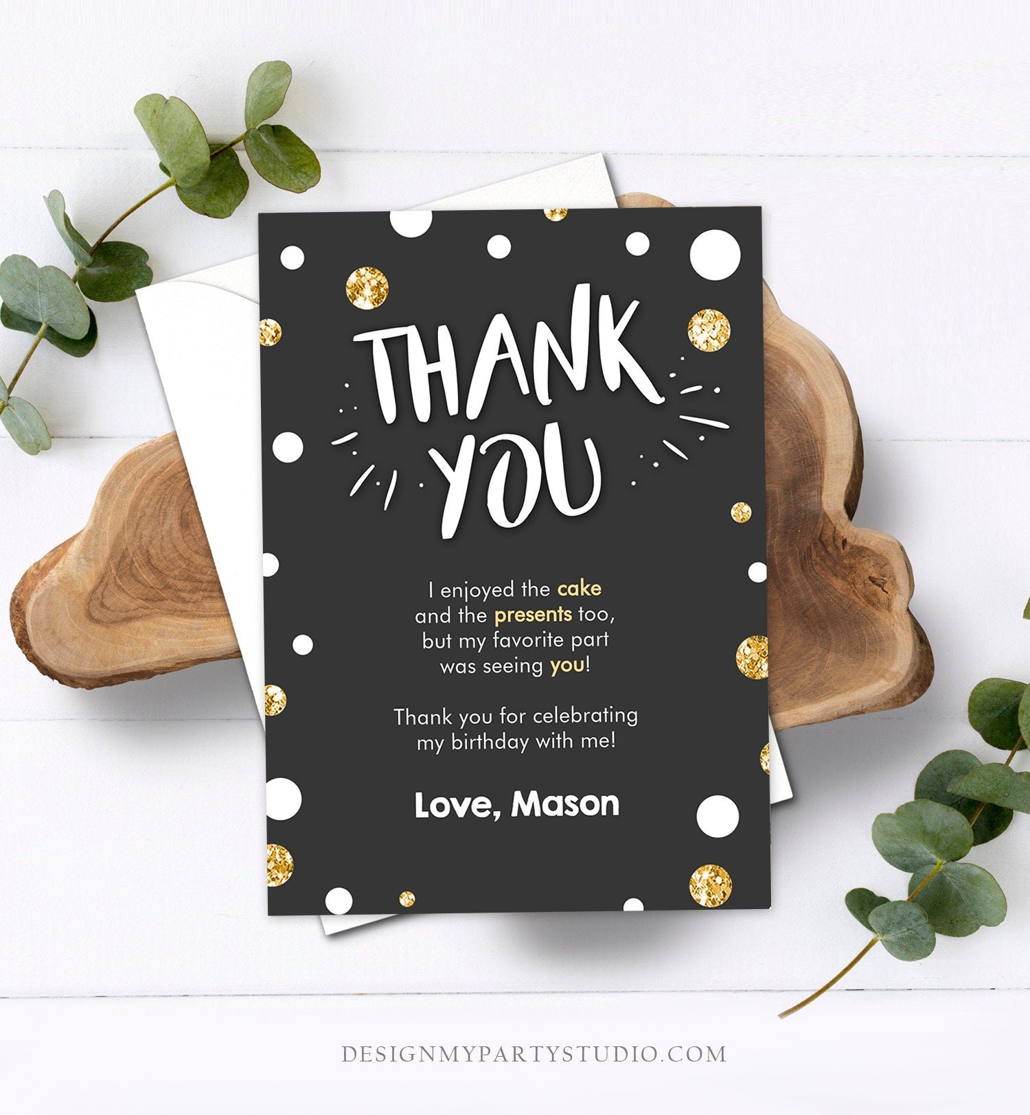 Editable Mr Onederful Thank You Card Black and Gold Boy Birthday Bow Tie Confetti 1st Birthday Printable Template Digital Corjl 0072