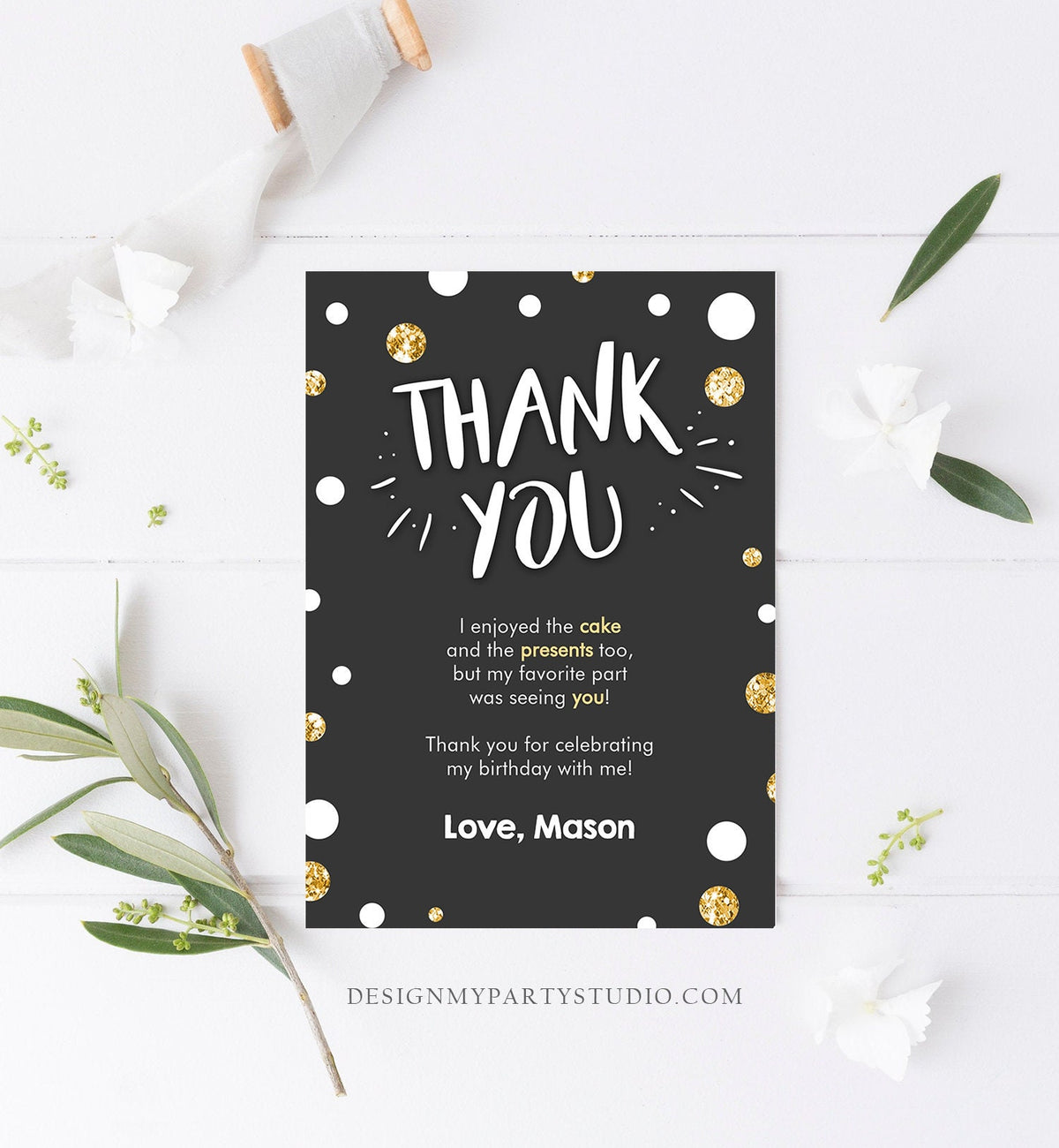 Editable Mr Onederful Thank You Card Black and Gold Boy Birthday Bow Tie Confetti 1st Birthday Printable Template Digital Corjl 0072