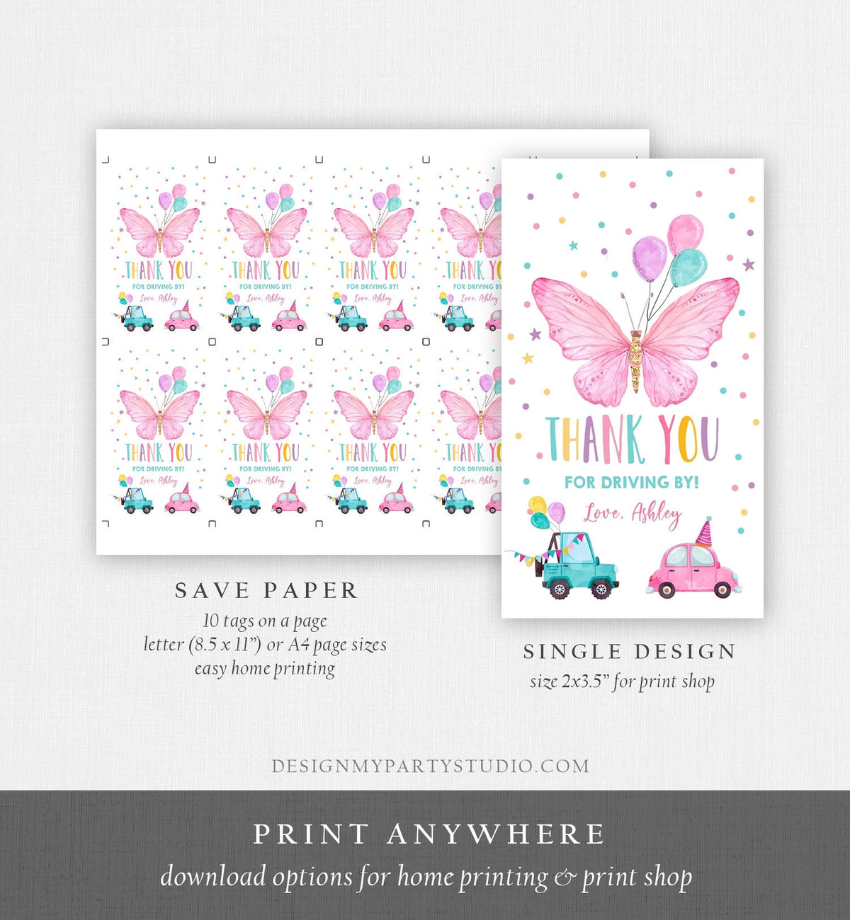 Editable Butterfly Favor Tag Drive By Birthday Favors Party Parade Cars Balloons Thank You Gift Tags Pink Girl Corjl Template Printable 0162
