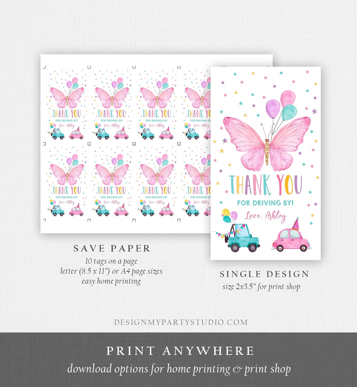 Editable Butterfly Favor Tag Drive By Birthday Favors Party Parade Cars Balloons Thank You Gift Tags Pink Girl Corjl Template Printable 0162