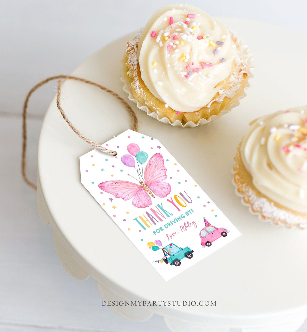 Editable Butterfly Favor Tag Drive By Birthday Favors Party Parade Cars Balloons Thank You Gift Tags Pink Girl Corjl Template Printable 0162