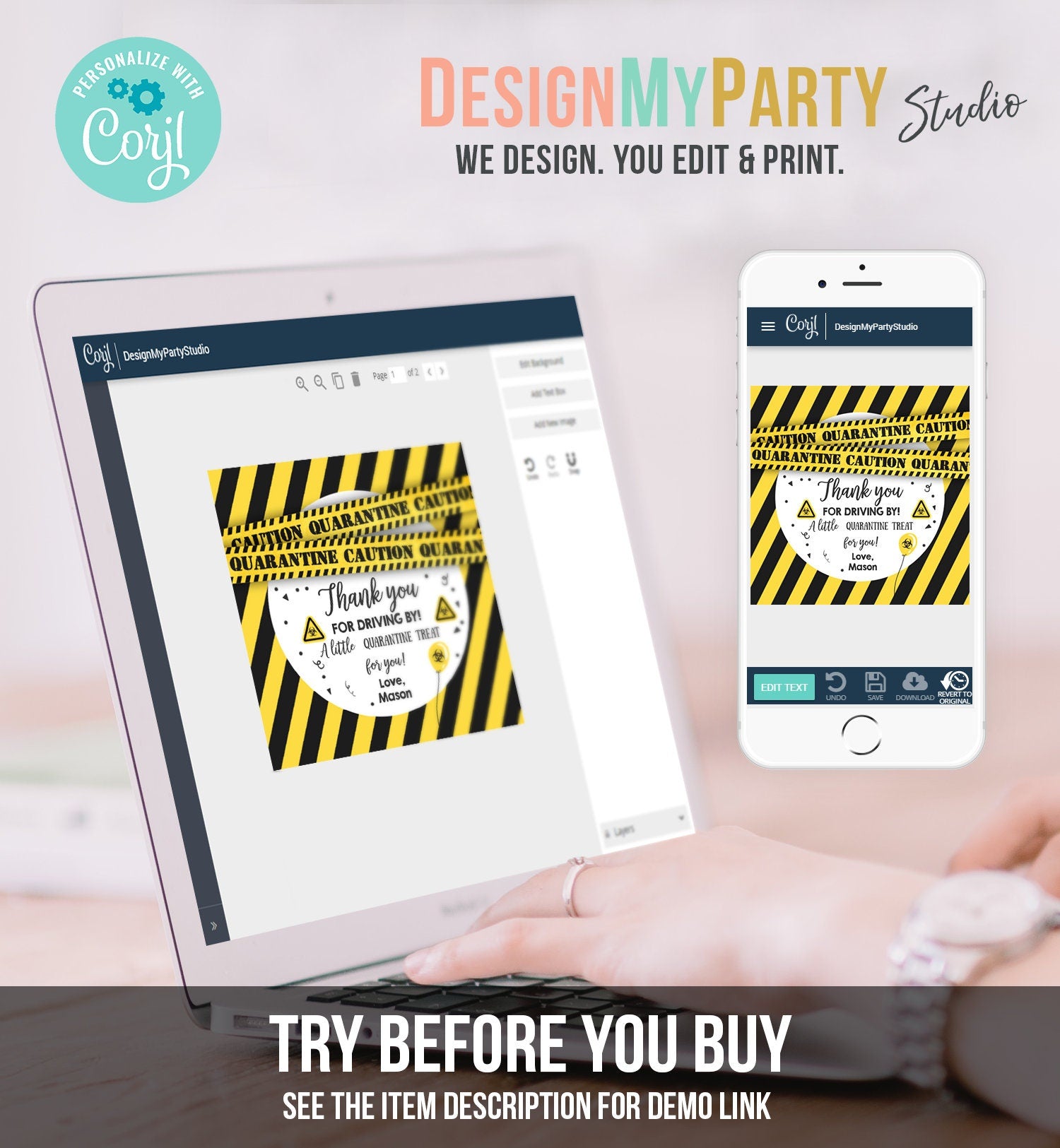 Editable Drive By Birthday Thank You Tags Yellow Quarantine Boy Girl Drive Through Party Sticker Label Corjl Template Printable 0334
