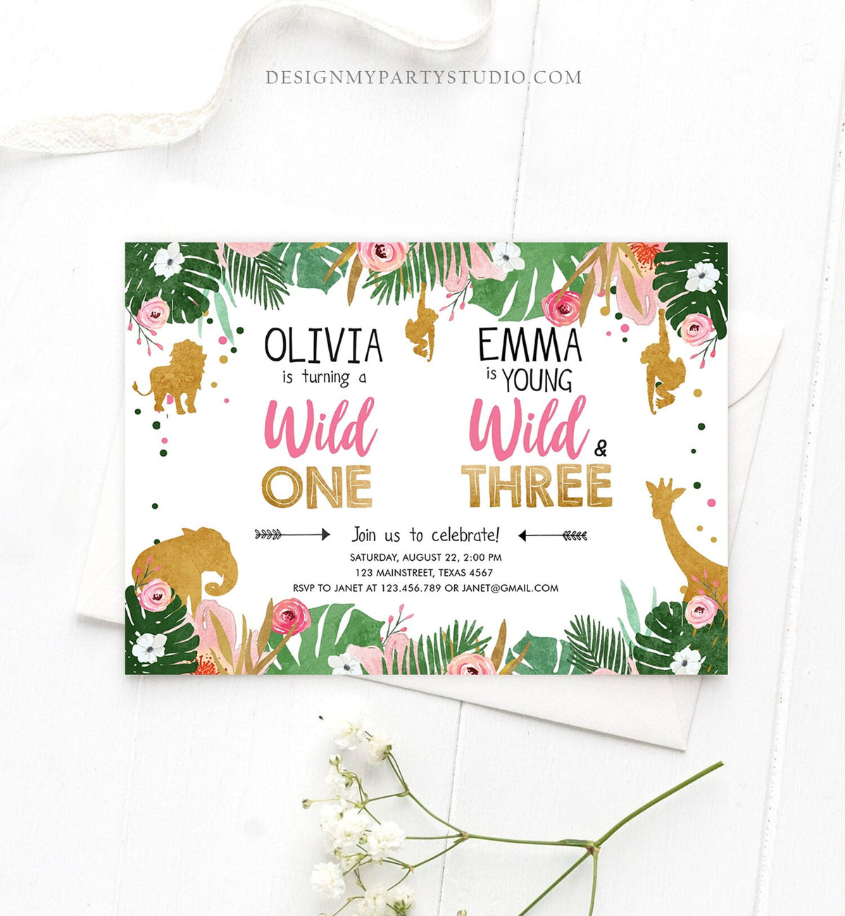 Editable Wild One Birthday Invitation Wild and Three Sisters Safari Animals Jungle Girls Joint Dual Siblings Printable Corjl Template 0016