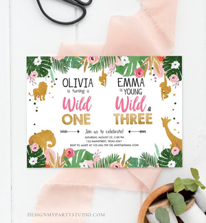Editable Wild One Birthday Invitation Wild and Three Sisters Safari Animals Jungle Girls Joint Dual Siblings Printable Corjl Template 0016
