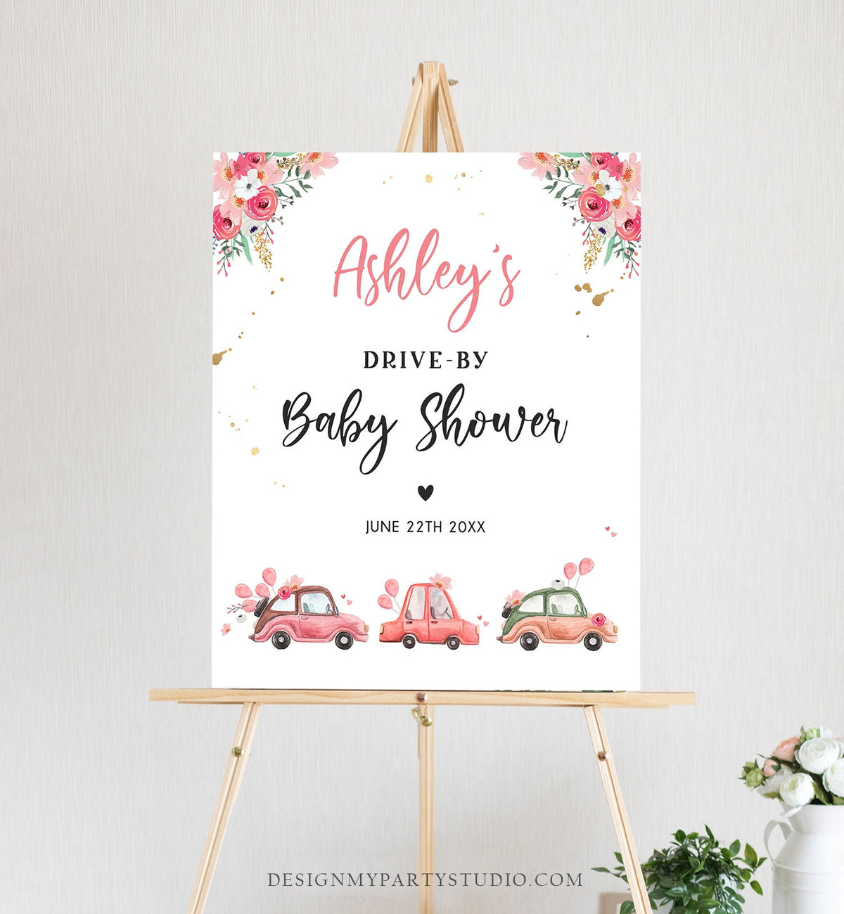 Editable Drive By Baby Shower Sign Welcome Pink Gold Floral Girl Couples Quarantine Party Drive Through Parade Yard Sign Corjl Template 0335