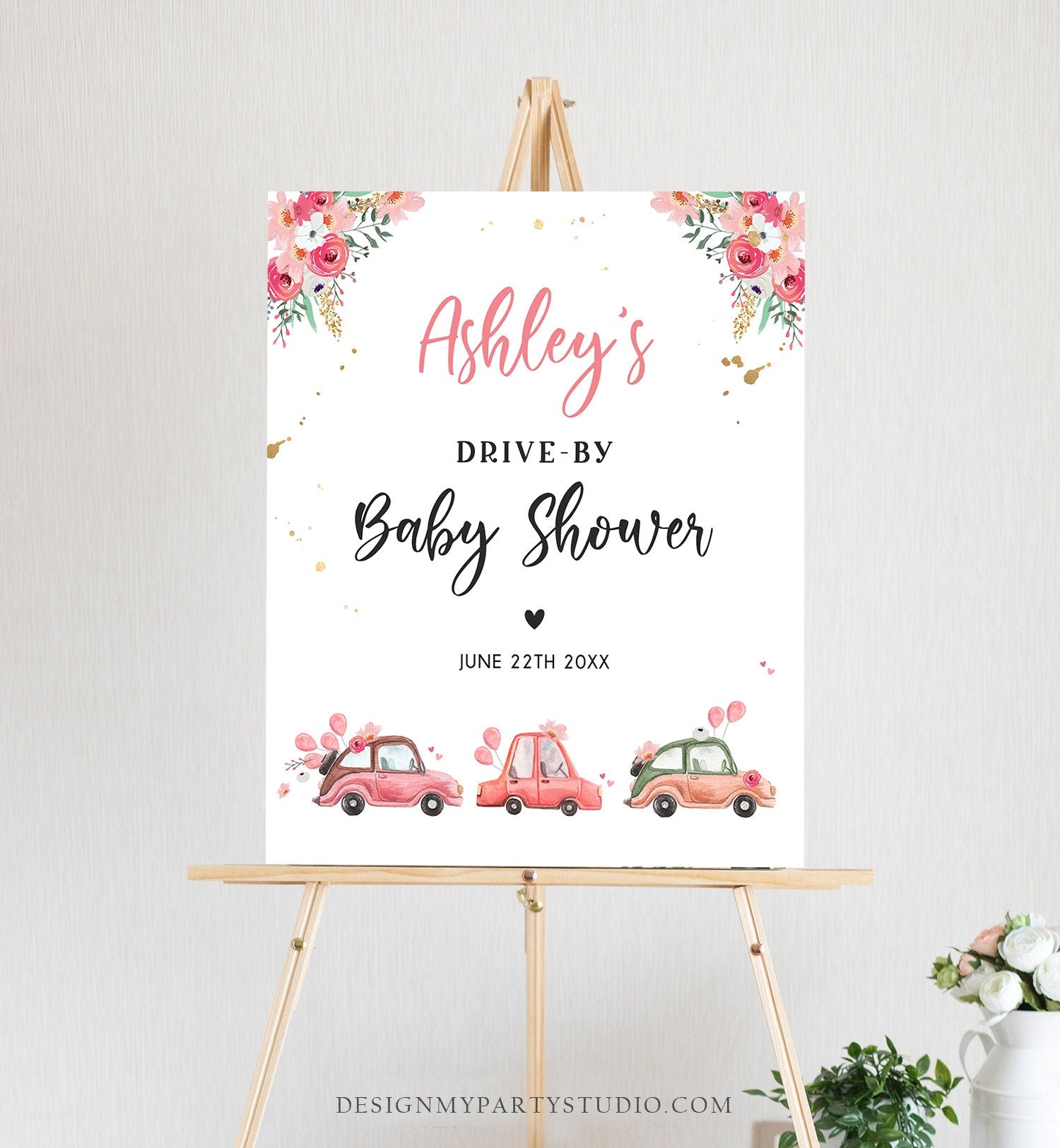 Editable Drive By Baby Shower Sign Welcome Pink Gold Floral Girl Couples Quarantine Party Drive Through Parade Yard Sign Corjl Template 0335